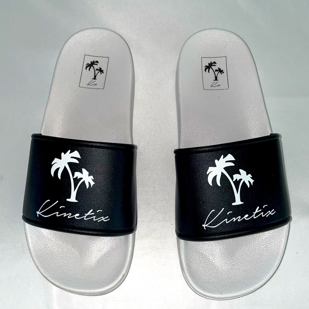 Mens Size 8 EU 40 White Black Slip On Slide Palm Tree Beachy Cali Sandals